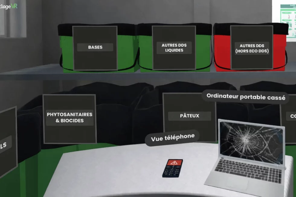 The virtual recycling centre’s DDS module, with labelled containers and items to classify in the foreground.