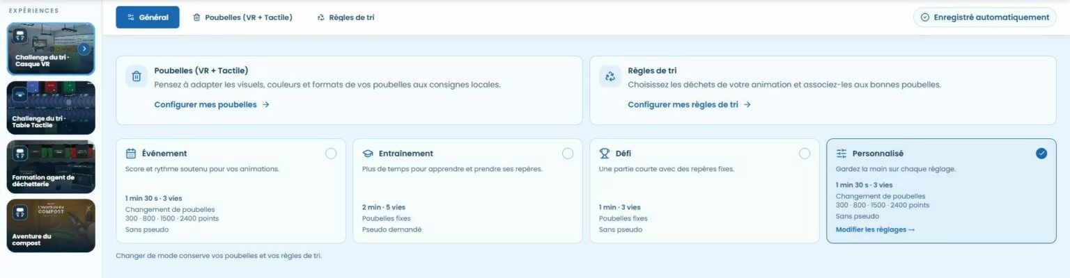 Configuración de experiencias RecyclageVR: modos de juego, contenedores y normas de separación