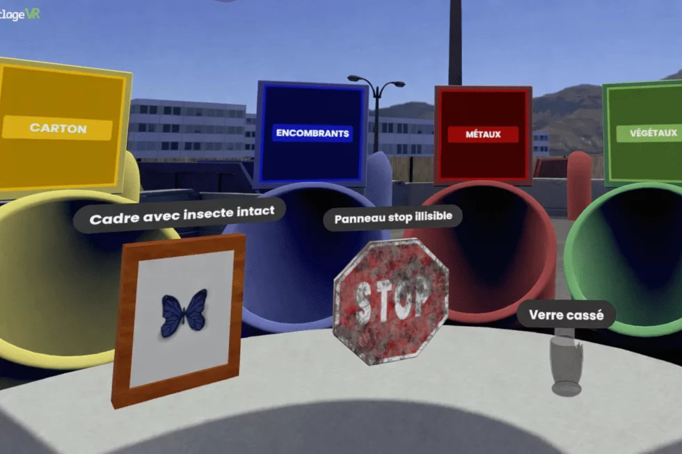 Virtual waste items in front of labelled containers in the unloading-area sorting module.
